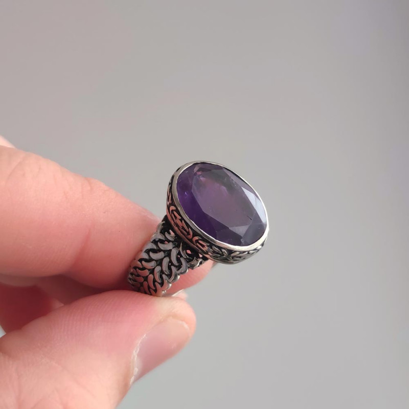 925 Silver Natural Amethyst Stone Ring - Men Ring