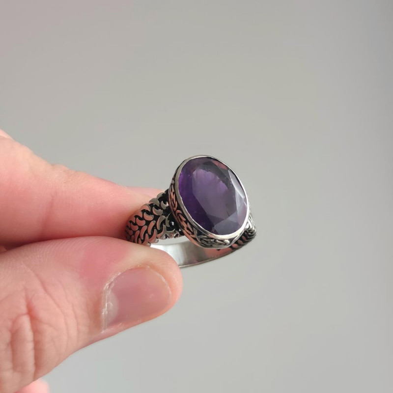 925 Silver Natural Amethyst Stone Ring - Men Ring