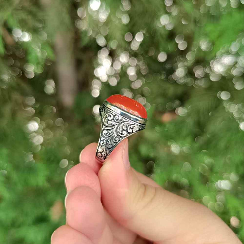 925 Silver Natural Red Agate Ring - Men Ring