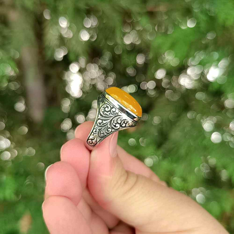 925 Silver Natural Baltic Amber Ring - Men Ring