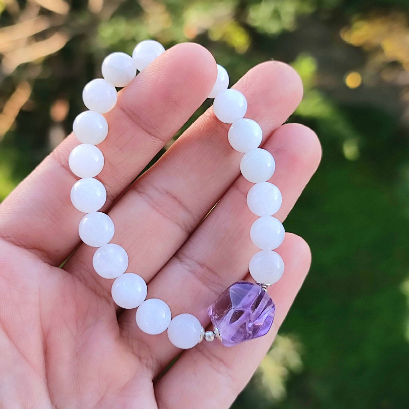 8mm Natural Moonstone & Amethyst Bracelet