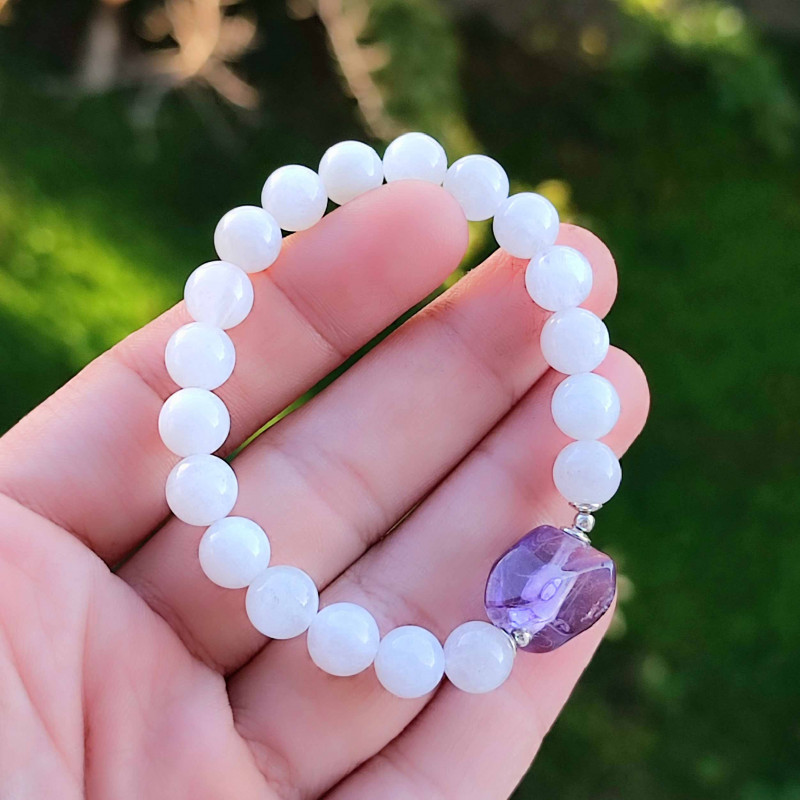 8mm Natural Moonstone & Amethyst Bracelet