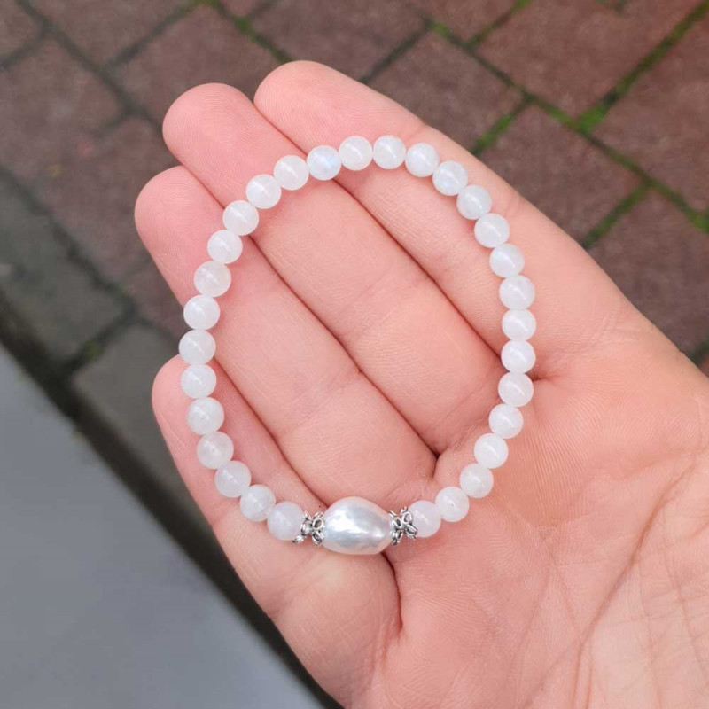 Natural Gemstone + Pearl Bracelet ,  6 mm Natural Moonstone Bracelet With Pearl - No : BR0100