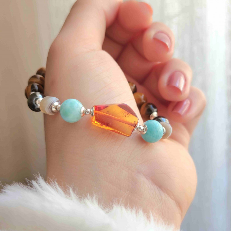 Multi Stone Bracelet , 8mm Natural Tiger Eye , Hematite , Botswana Agate , Larimar & Amber Bracelet