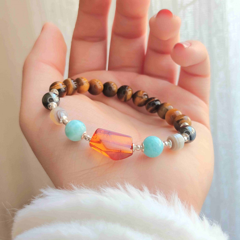 Multi Stone Bracelet , 8mm Natural Tiger Eye , Hematite , Botswana Agate , Larimar & Amber Bracelet