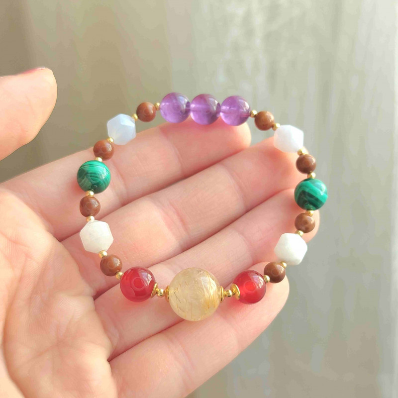 Natural Coke Wood Bracelet With Malachite , Moonstone , Amethyst , Red Agate & Golden Rutilated Quartz Stones