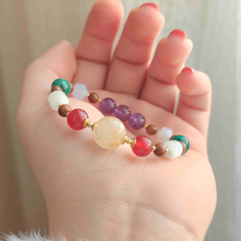 Natural Coke Wood Bracelet With Malachite , Moonstone , Amethyst , Red Agate & Golden Rutilated Quartz Stones