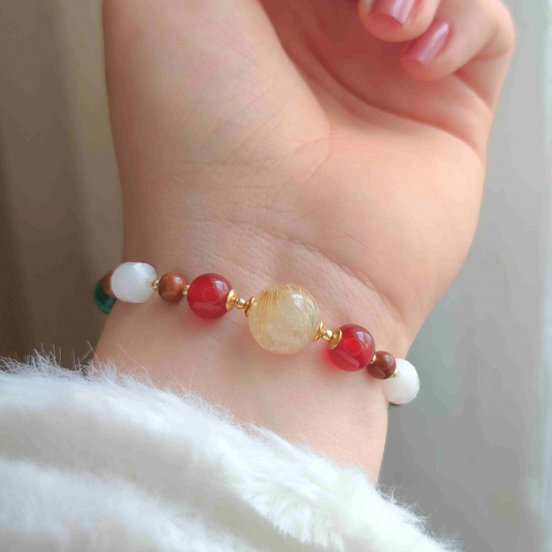 Natural Coke Wood Bracelet With Malachite , Moonstone , Amethyst , Red Agate & Golden Rutilated Quartz Stones