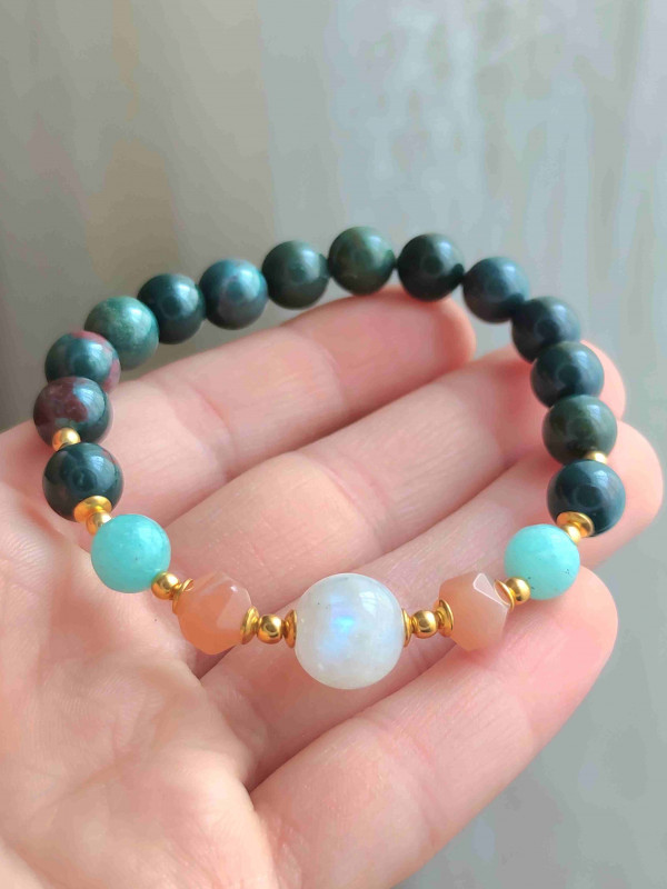 Multi Stone Bracelet , 8mm Blood Stone , Amazonite , Sunstone & Moonstone Bracelet