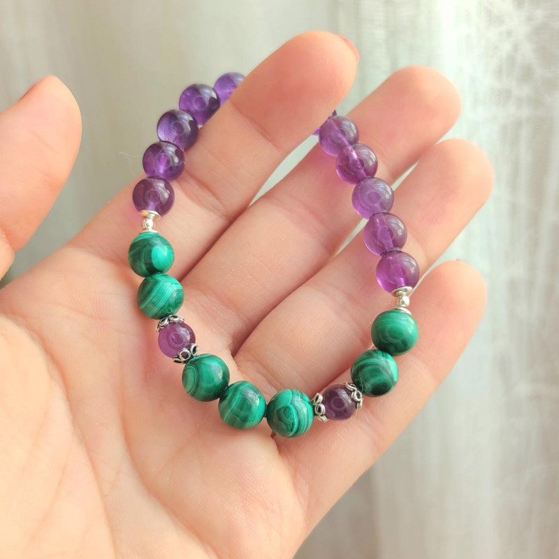 8mm Genuine Sterling silver Amethyst and malachite stone bracelet