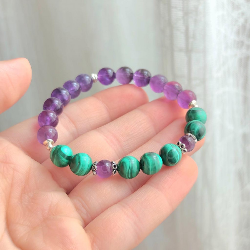 8mm Genuine Sterling silver Amethyst and malachite stone bracelet