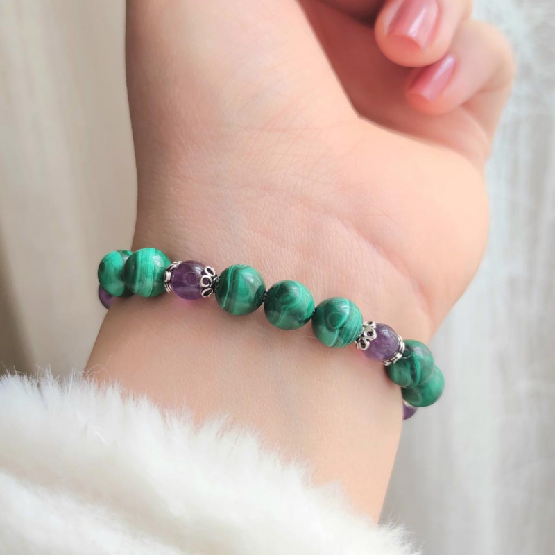 8mm Genuine Sterling silver Amethyst and malachite stone bracelet