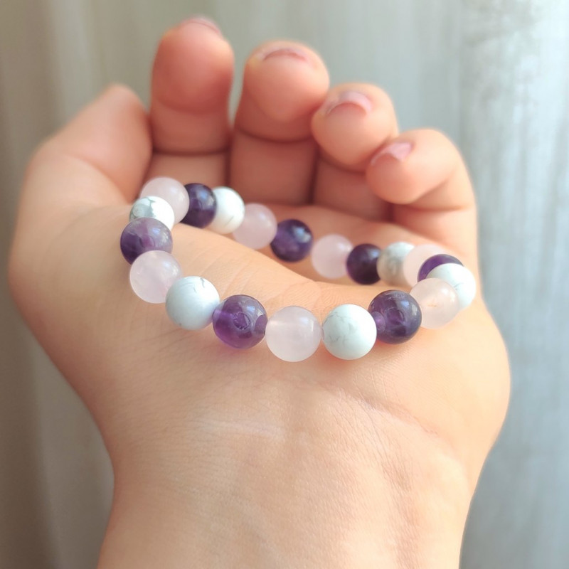 Multi Stone Bracelet , 8mm Natural Howlite , Rose Quartz & Amethyst Stone Bracelet