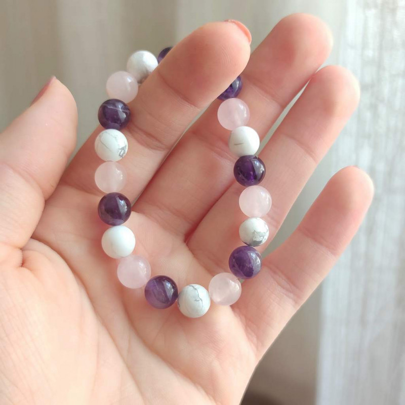 Multi Stone Bracelet , 8mm Natural Howlite , Rose Quartz & Amethyst Stone Bracelet