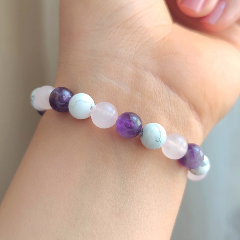 Multi Stone Bracelet , 8mm Natural Howlite , Rose Quartz & Amethyst Stone Bracelet