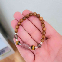 Natural Coke Wood Bracelet With Smoky Quartz , Tiger Eye , strawberry Quartz Stones