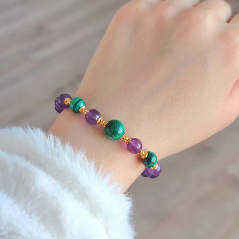 8mm Genuine sterling silver amethyst and malachite stone bracelet