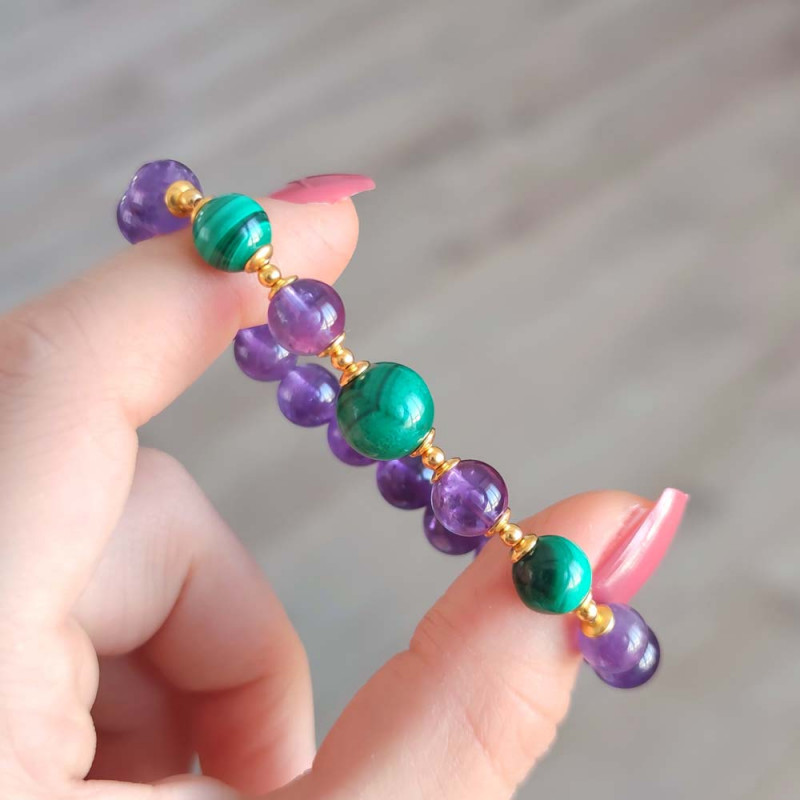 8mm Genuine sterling silver amethyst and malachite stone bracelet