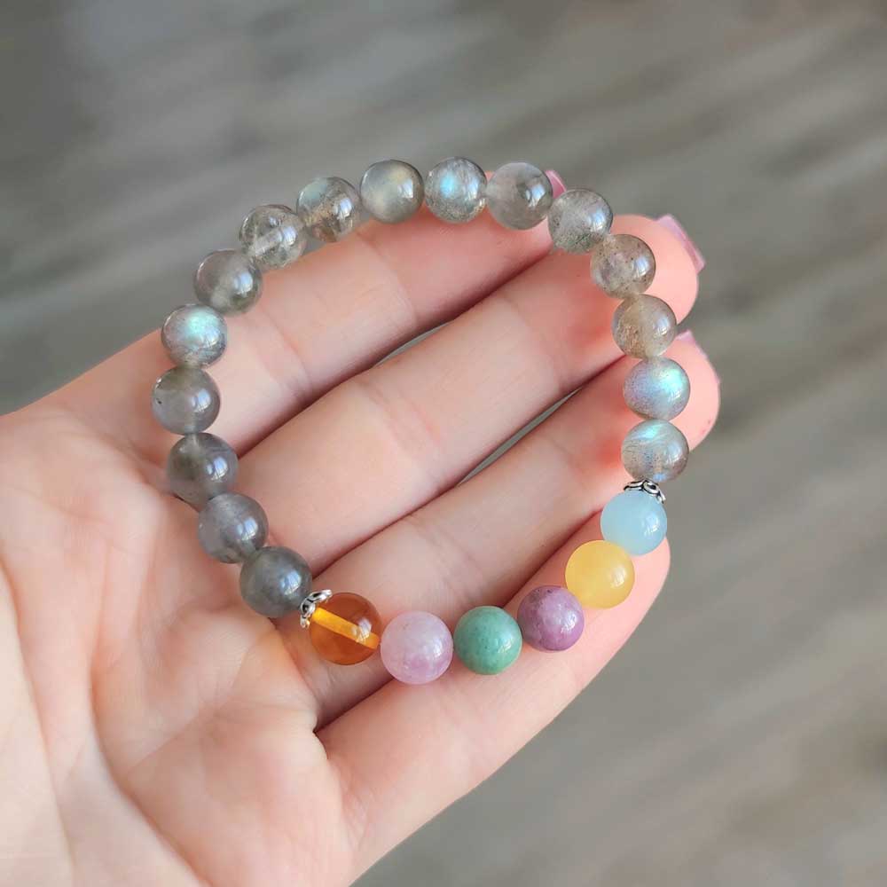 Royal Seven Chakras Bracelet , 8mm Labradorite + Six Rare Stones For Chakras 