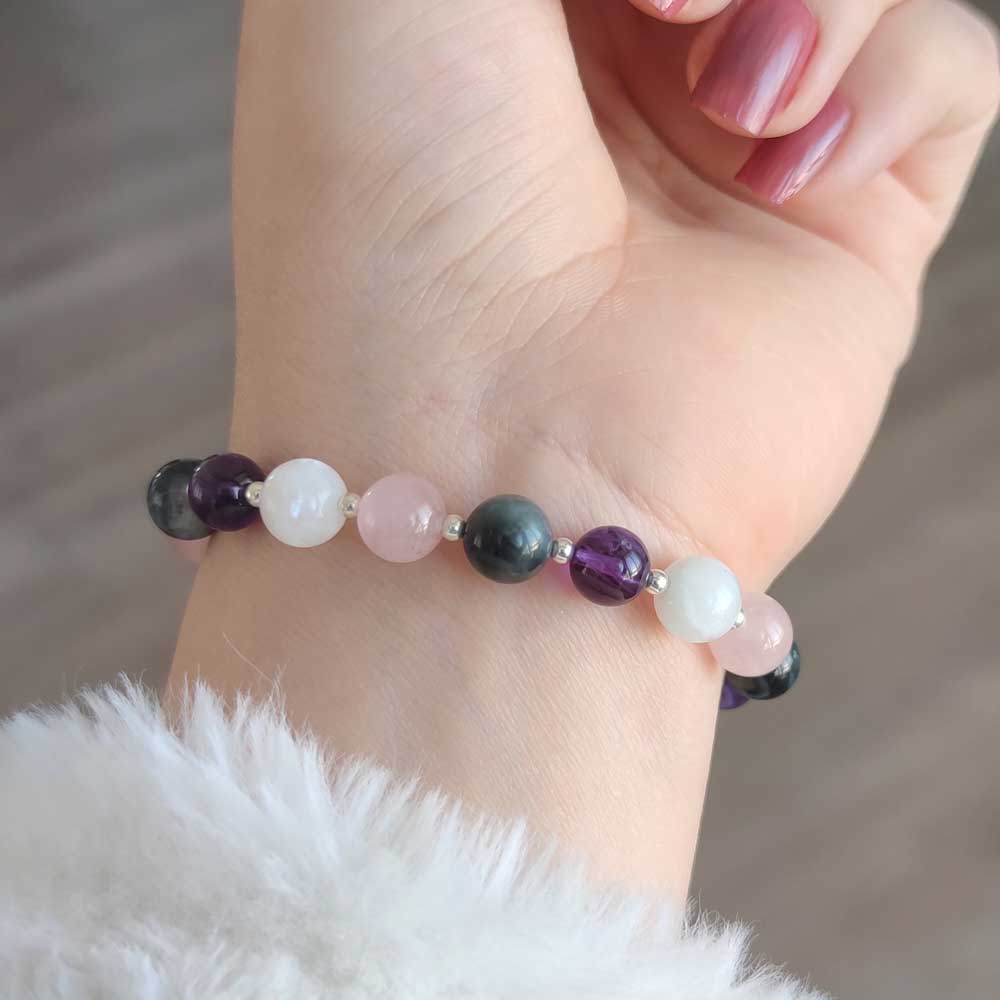 Multi Stone Bracelet , Rose Quartz , Amethyst , Moonstone & Cat's Eye Stone Bracelet