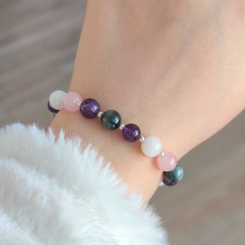 Multi Stone Bracelet , Rose Quartz , Amethyst , Moonstone & Cat's Eye Stone Bracelet