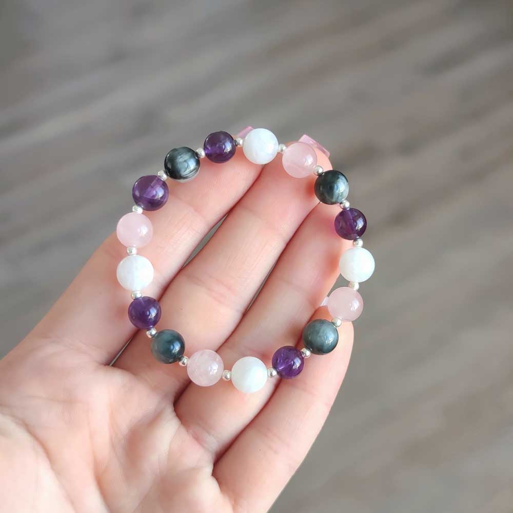 Multi Stone Bracelet , Rose Quartz , Amethyst , Moonstone & Cat's Eye Stone Bracelet