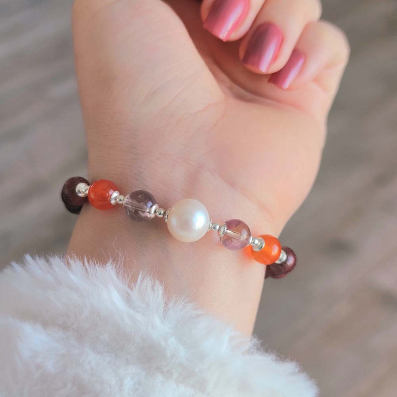 Multi Stone Bracelet, 8mm Rose Wood , Carnelian , Ametrine & White Pearl Bracelet