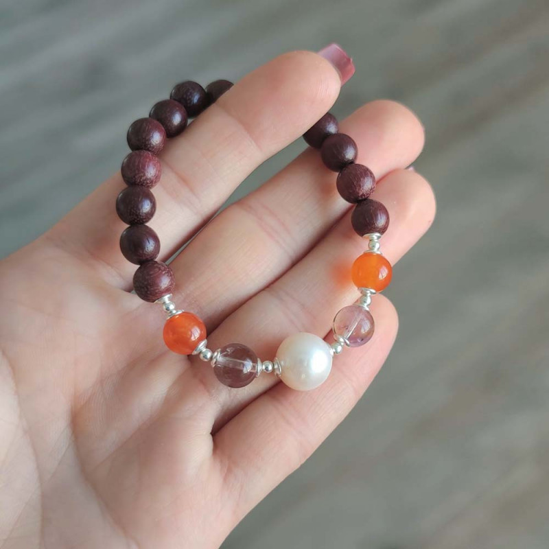 Multi Stone Bracelet, 8mm Rose Wood , Carnelian , Ametrine & White Pearl Bracelet