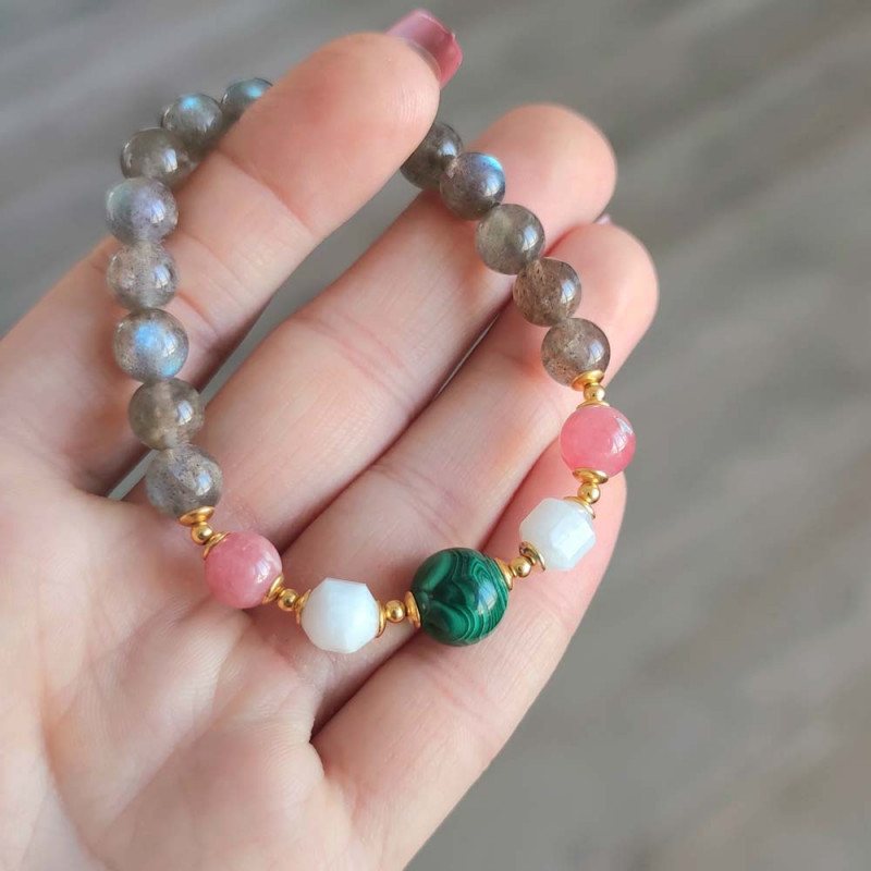 Multi Stone Bracelet , 8mm Labradorite , Rhodochrosite , Moonstone & Malachite Bracelet   