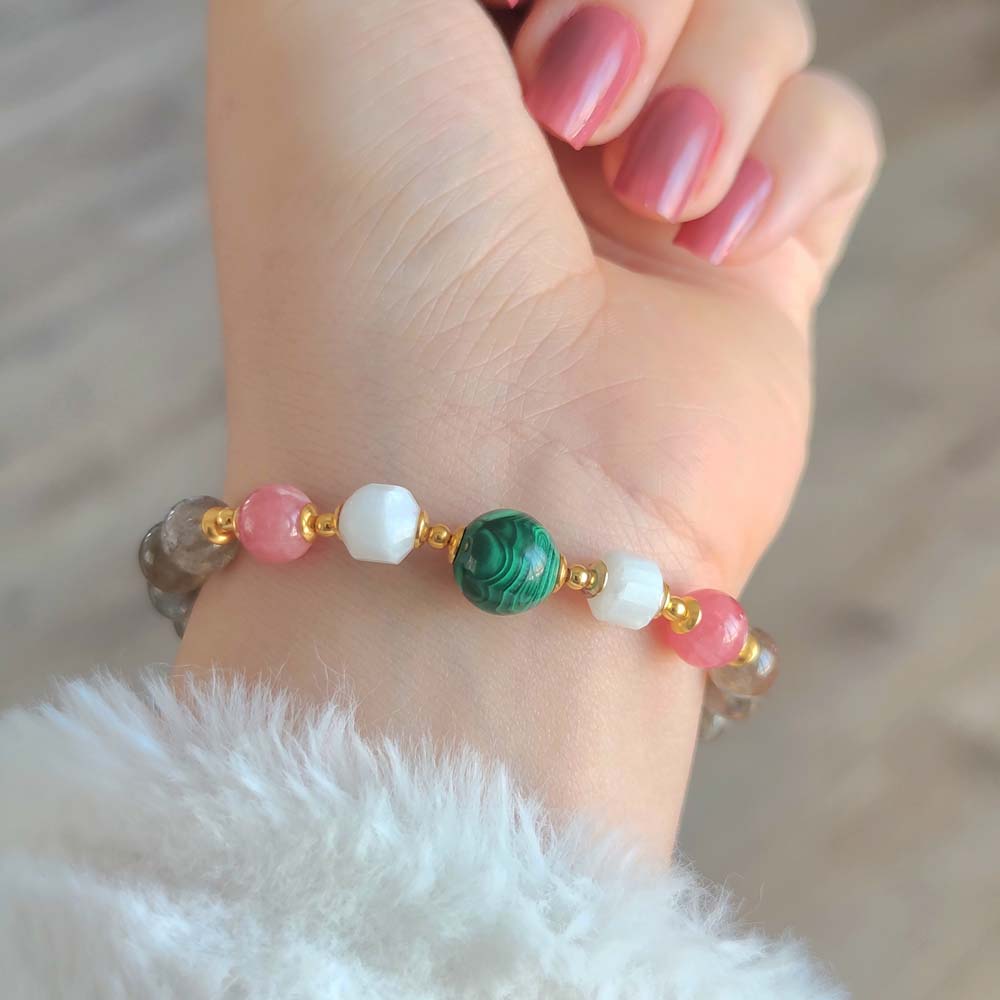 Multi Stone Bracelet , 8mm Labradorite , Rhodochrosite , Moonstone & Malachite Bracelet   