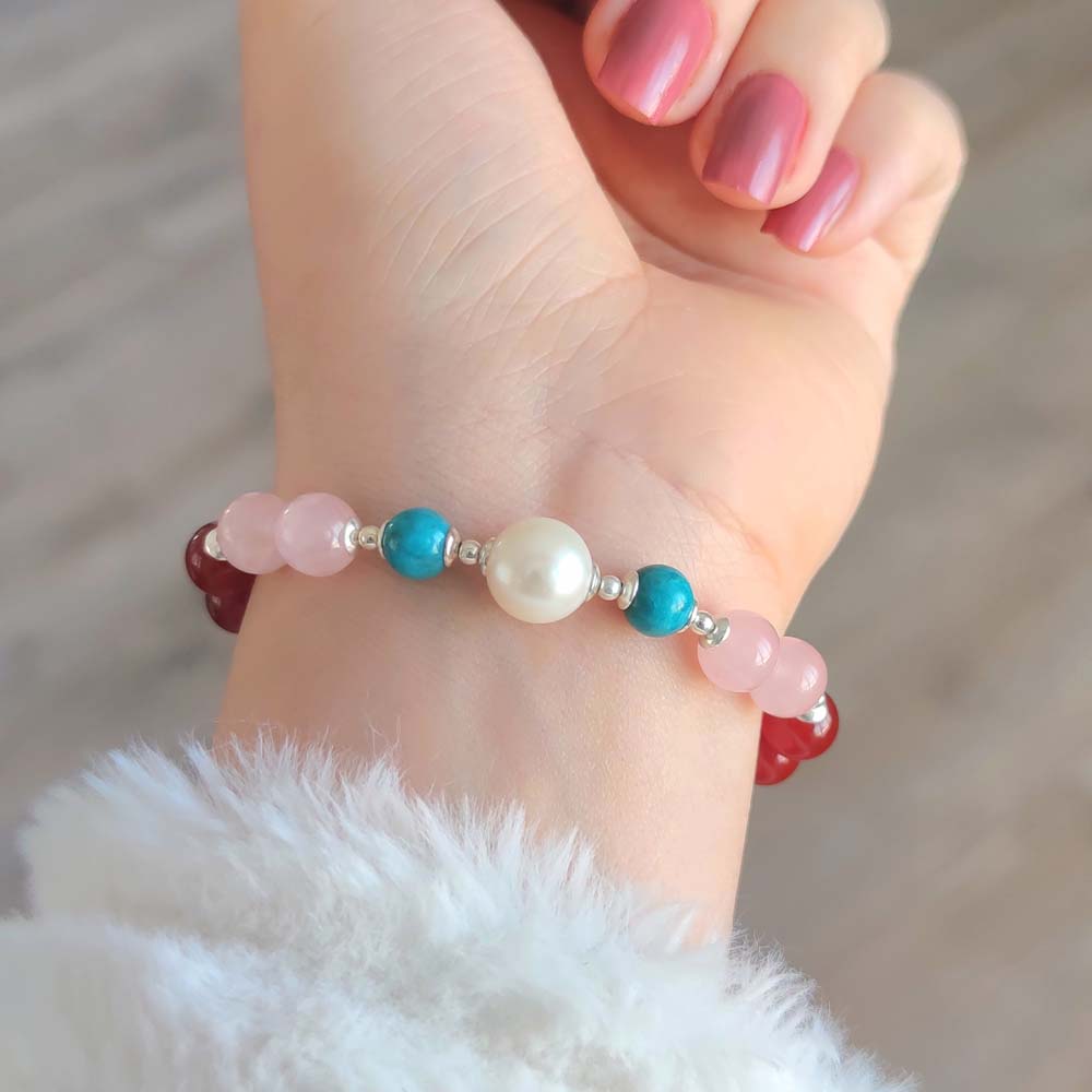 Multi Stone Bracelet , 8mm Red Agate , Rose Quartz , Turquoise & Pearl Bracelet