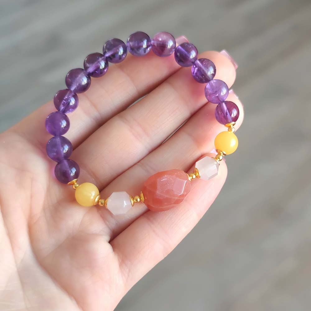 Multi Stone Bracelet , 8mm Amethyst , Amber , Rose Quartz & Sunstone Bracelet