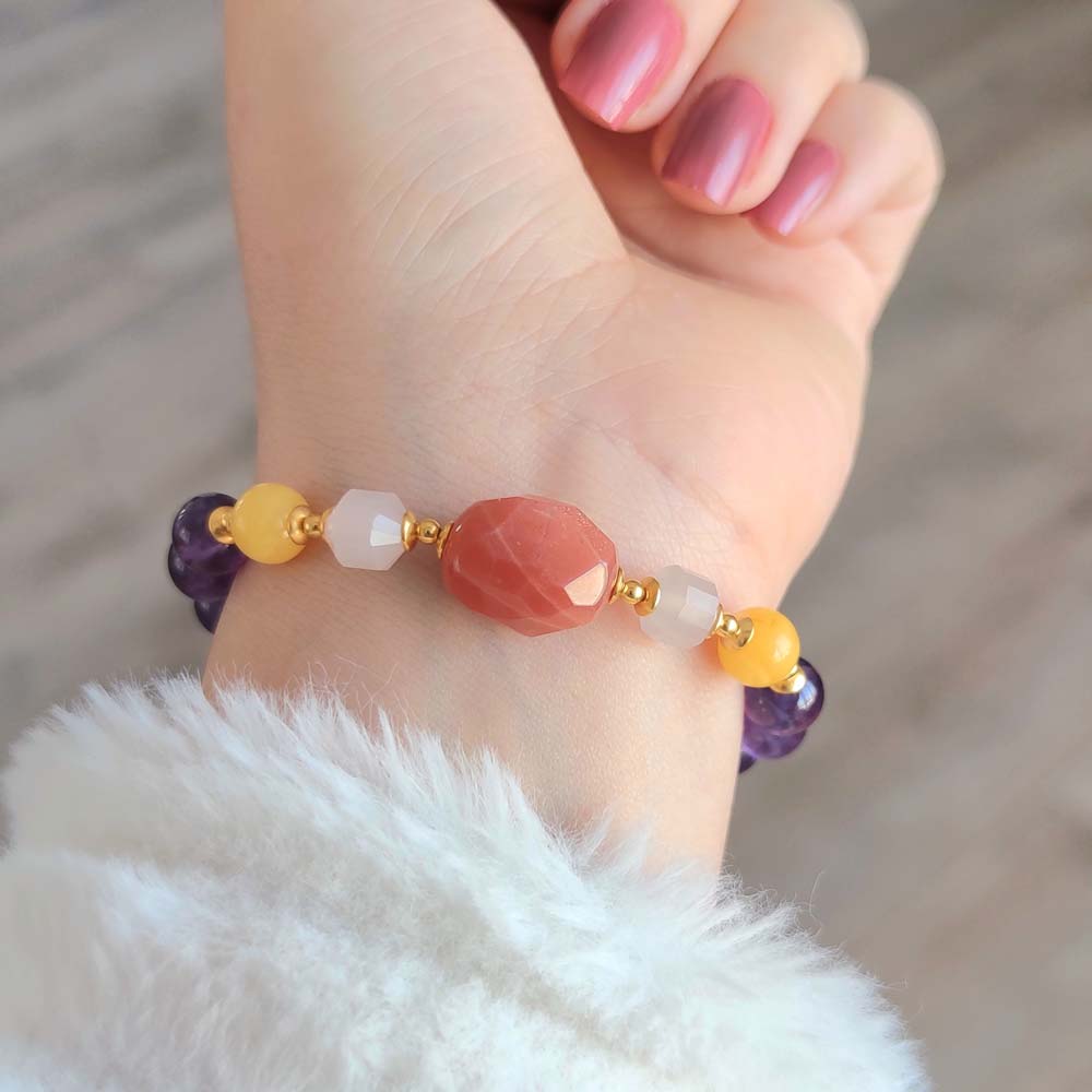 Multi Stone Bracelet , 8mm Amethyst , Amber , Rose Quartz & Sunstone Bracelet