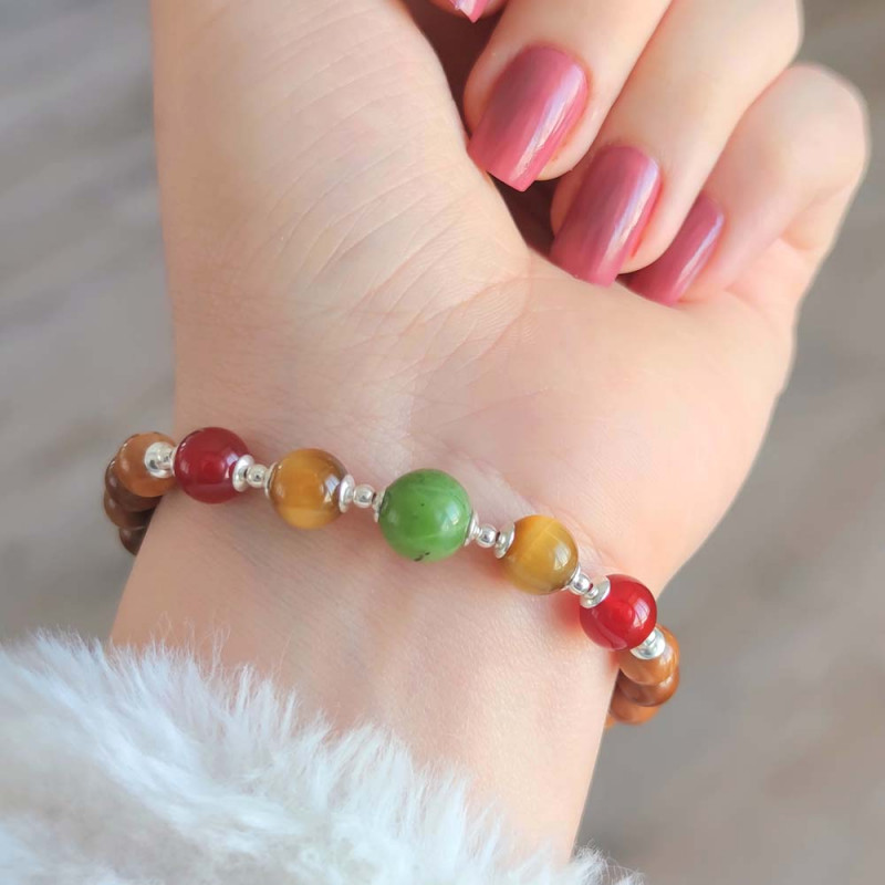 Natural Coke Wood Bracelet With Red Agate , Tiger Eye & Canadian Jade