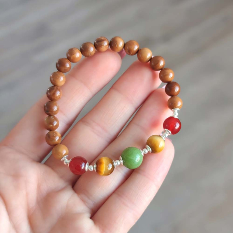 Natural Coke Wood Bracelet With Red Agate , Tiger Eye & Canadian Jade