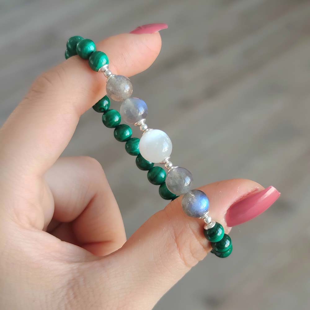 Multi Stone Bracelet , 6mm Malachite , Labradorite and Selenite stone bracelet