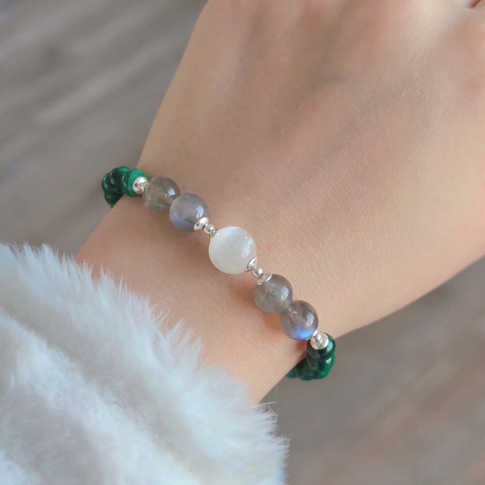 Multi Stone Bracelet , 6mm Malachite , Labradorite and Selenite stone bracelet