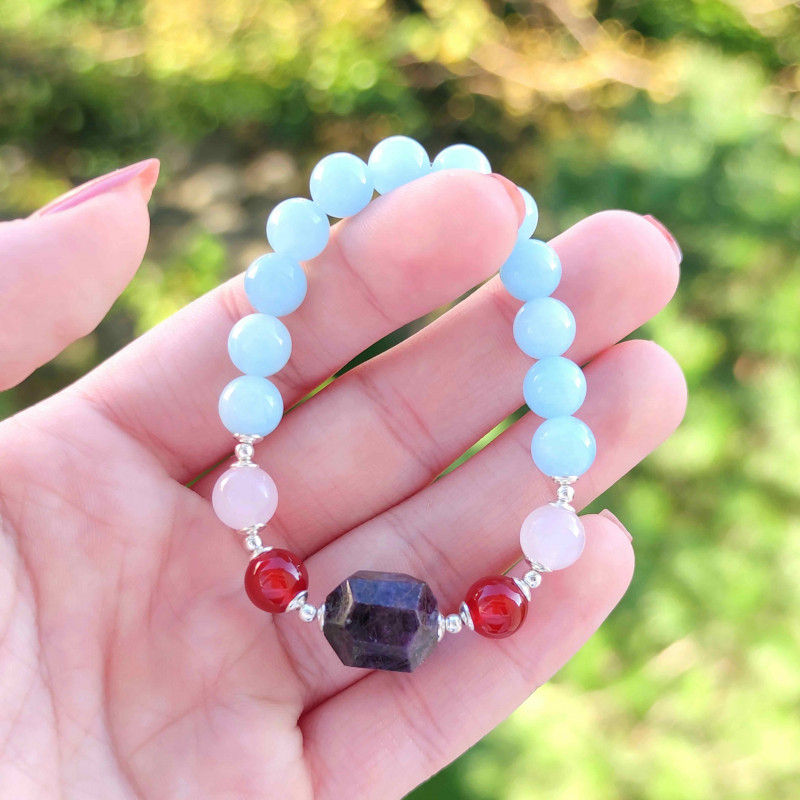 8mm Natural Aquamarine , Red Agate , Tourmaline & Rose Quartz Bracelet