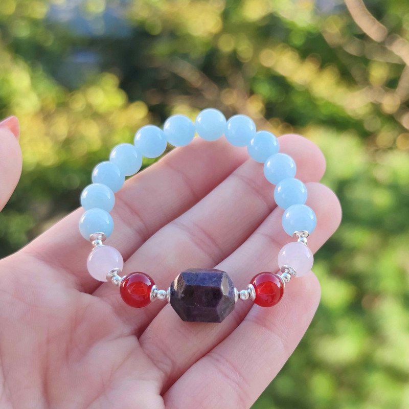 8mm Natural Aquamarine , Red Agate , Tourmaline & Rose Quartz Bracelet