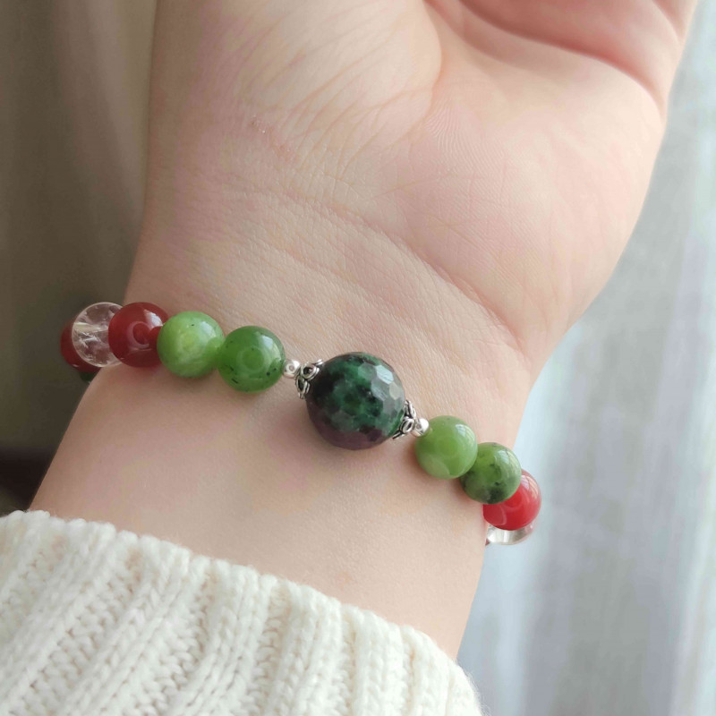 Multi Stone Bracelet , Natural Canadian Jade , Red Agate , Crystal Quartz And Ruby Zoisite Stones Bracelet