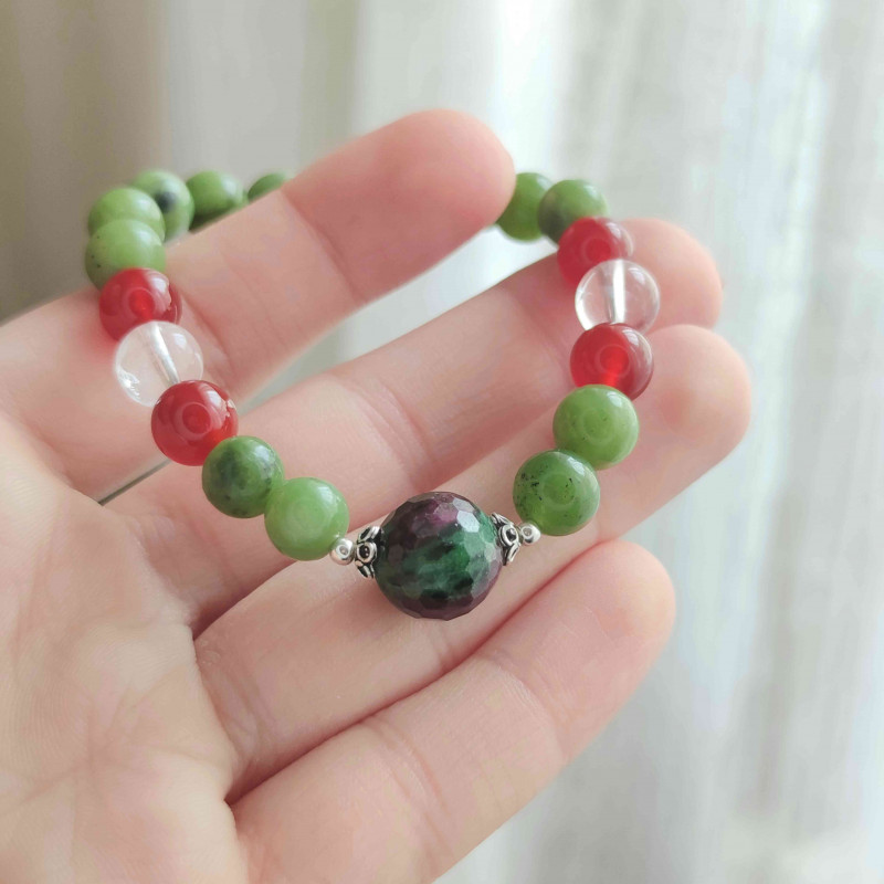 Multi Stone Bracelet , Natural Canadian Jade , Red Agate , Crystal Quartz And Ruby Zoisite Stones Bracelet