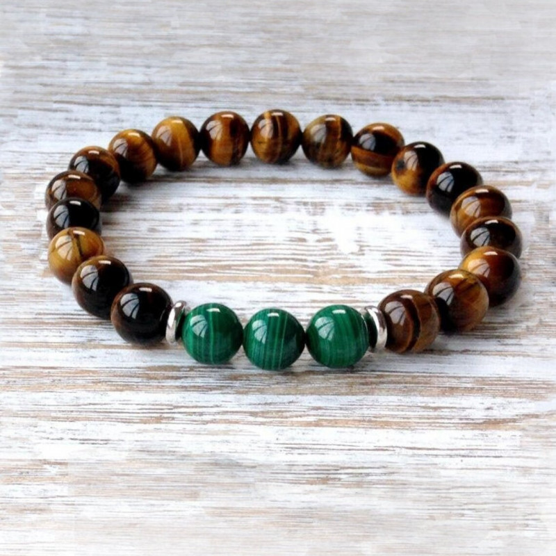 Multi Stone Bracelet , 8mm Natural Tiger Eye & Malachite Stone Bracelet