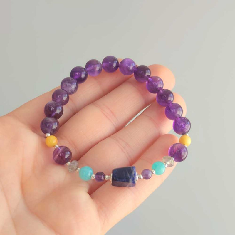 Multi Stone Bracelet , 8mm Amethyst , Sodalite , Amber , Labradorite & Amazonite Stones Bracelet