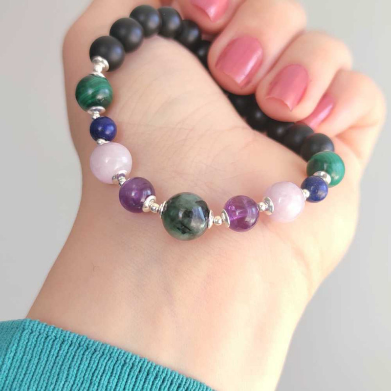 Multi Stone Bracelet , 8mm Black Onyx , Malachite , Kunzite , Lapis Lazuli , Amethyst & Emerald Stones Bracelet