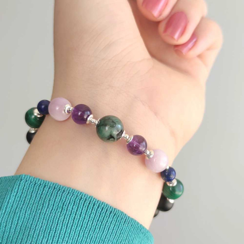 Multi Stone Bracelet , 8mm Black Onyx , Malachite , Kunzite , Lapis Lazuli , Amethyst & Emerald Stones Bracelet