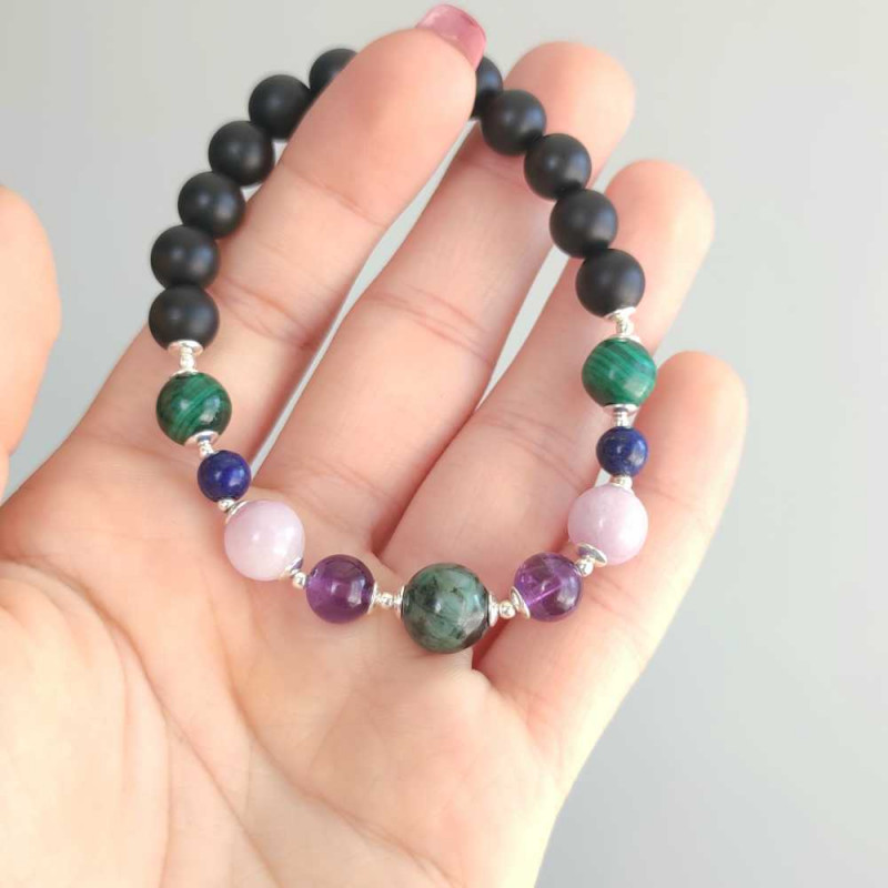 Multi Stone Bracelet , 8mm Black Onyx , Malachite , Kunzite , Lapis Lazuli , Amethyst & Emerald Stones Bracelet