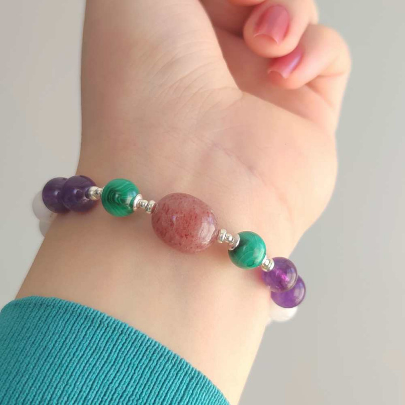 Multi Stone Bracelet , 8mm Moonstone , Amethyst , Malachite & Strawberry Quartz Stones Bracelet   