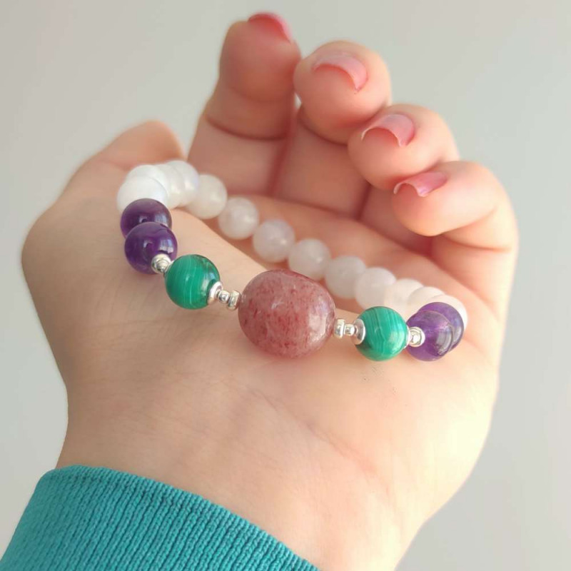 Multi Stone Bracelet , 8mm Moonstone , Amethyst , Malachite & Strawberry Quartz Stones Bracelet   