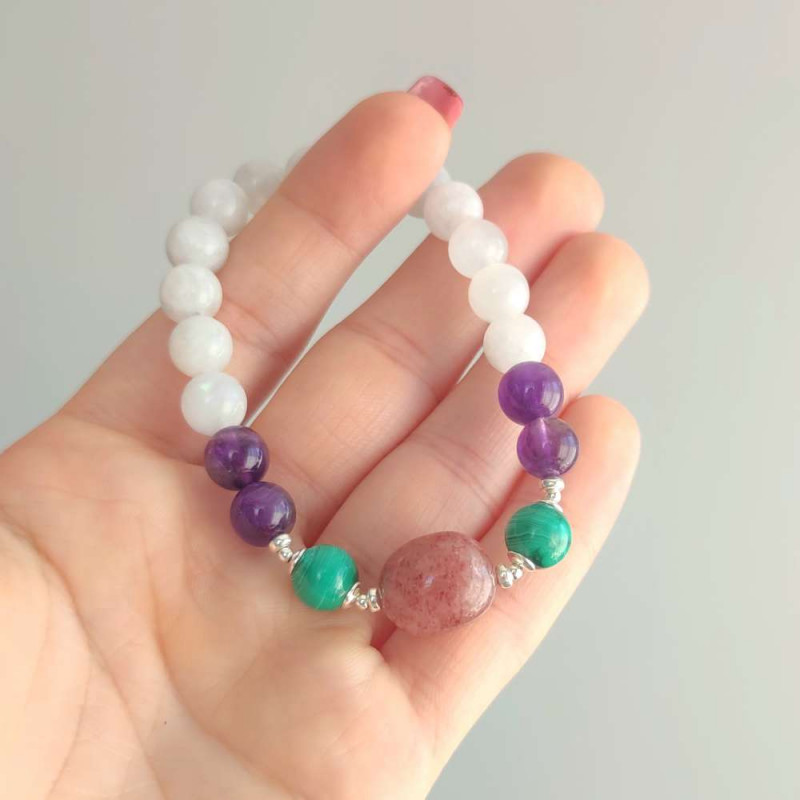 Multi Stone Bracelet , 8mm Moonstone , Amethyst , Malachite & Strawberry Quartz Stones Bracelet   