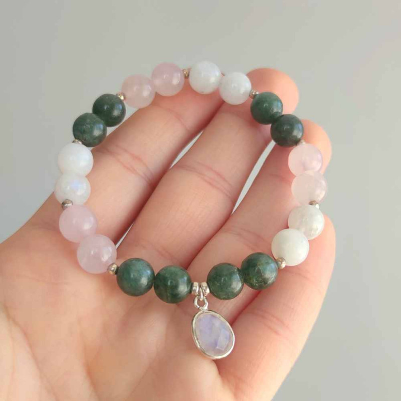 Multi Stone Bracelet , 8mm Moonstone , Rose Quartz & Green Apatite Stones Bracelet   